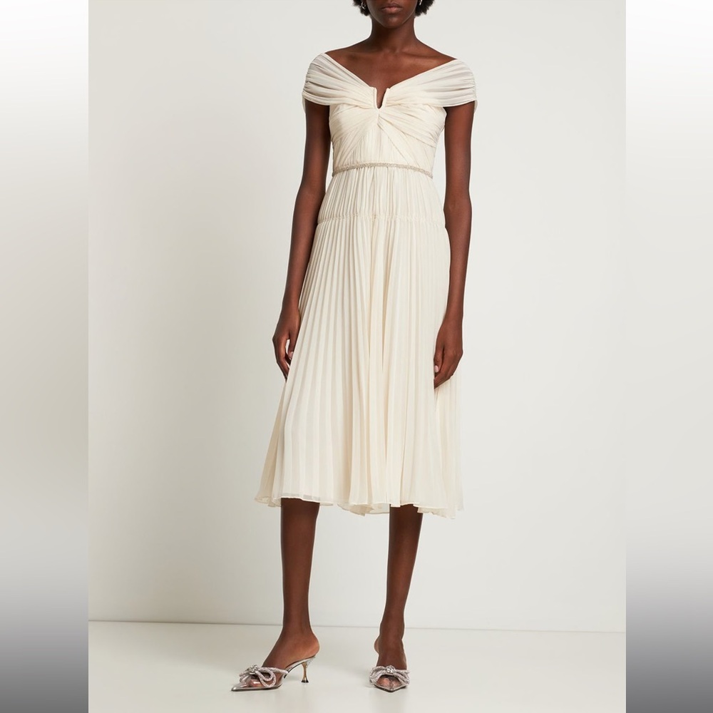 Self-Portrait Pleated Off-The-Shoulder Midi-Dress